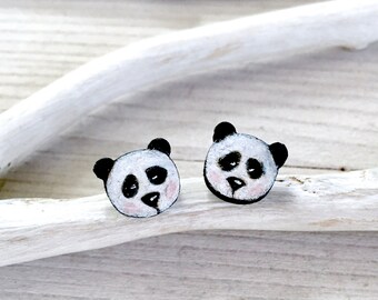 Panda Earrings Studs - Animal Lover Gift - Titanium Earrings - Cute Panda Jewelry - Minimal Wooden Earrings Studs - Gifts Under 20