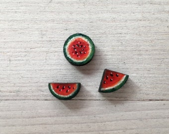 Watermelon Titanium Earrings Stud - Fruit Jewelry Set of Three Studs - Hand Painted Hypoallergenic Mismatched Earrings - Gift for Vegan