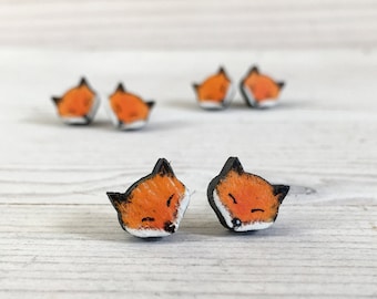 Fox Earrings Studs - Fox Lover Gift - Cute Fox Jewelry - Minimal Wooden Earrings Studs - Titanium Earrings - Woodland Fox - Gifts Under 20