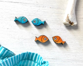 Fish Earrings Studs - Animal Lover Gift - Titanium Earrings - Tiny Goldfish Earrings - Seaside Summer Earrings - Wooden Studs - Fish Jewelry