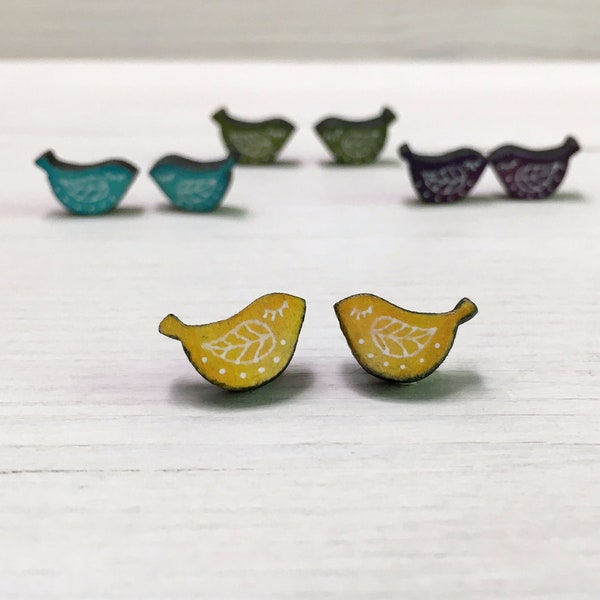 Tiny Birds Titanium Earrings Studs - Whimsical Bird Jewelry - Animal Earrings - Bird Lover Gift - Minimal Wooden Earrings - Hypoallergenic