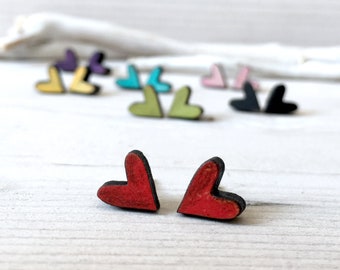 Wooden Earrings Red Heart Studs - Hypoallergenic Titanium Earring Studs - Small Black Heart - Minimal Jewelry - Friendship Gift under 20