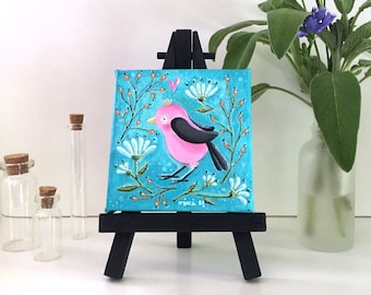 Homewarming gift - Original decorative painting of a bird on turquoise background - Small canvas on easel, ready to display as shelf decor