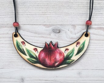Pomegranate Necklace -  Adjustable Fruit Necklace - Summertime Beach Jewelry - Wooden Jewelry - Vegan Gift for Her - Hand-painted Pendant