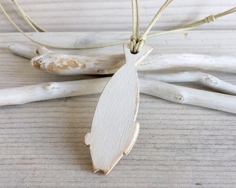 Adjustable Cord Necklace with Wooden Fish Pendant - Fish Necklace - Simple White Summer Jewelry - Gift for Surfer - Beach Themed Gifts