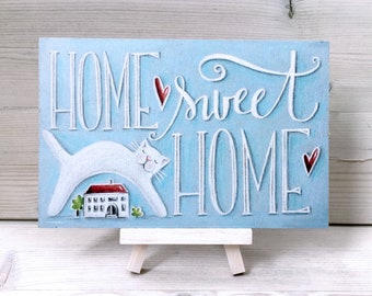 Home Sweet Home Sign - Wooden House Decor Wall Art - Housewarming Cat Lover Gift - Country Shabby Chic Paste Blue Living Room Decor