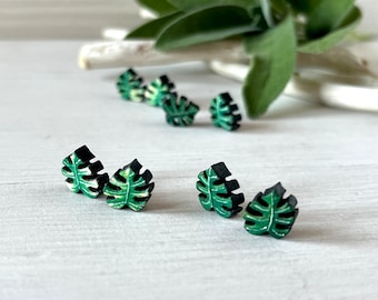 Monstera Leaf Earrings - Monstera Variegata Wooden Earrings - Botanical Jewelry Gift - Titanium Hypoallergenic Stud Earrings