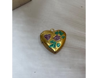 Tiny Gold-Tone Heart Locket | Painted Pink & Green |Valentine Gift Romantic Keepsake