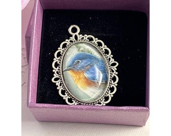 Handmade Oval Bluebird Pendant Silver Filigree Frame Something Blue Hope Joy