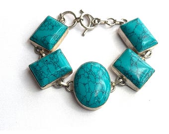 Pulsera vintage de plata de ley con 5 piedras y cierre de palanca turquesa / Marcado 925, 32,5 g