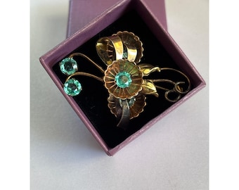 Conjunto de broche floral y pendientes de rosca de Harry Iskin chapados en oro vintage firmados