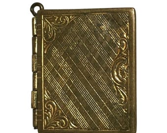 Medallón fotográfico antiguo con forma de libro / Rectangular, con grabados ornamentados y marcos ovalados en el interior.