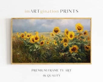 May include: A painting of a field of sunflowers in bloom. The sunflowers are yellow and the field is green. The sky is cloudy and gray. The painting is framed in a gold frame.