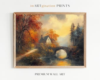 ヴィンテージの秋の風景画、秋のウォールアート、秋の油絵、秋のプリント、秋の装飾、秋の橋、秋の装飾、ムーディなウォールアート、デジタルプリント