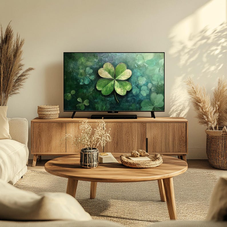 May include: A flat screen television with a green four-leaf clover on a dark blue background. The television is sitting on a wooden cabinet with a light wood finish. There is a small table in front of the television with a vase of flowers and a woven basket.