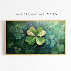 May include: A four-leaf clover painted in green and yellow hues on a textured green background. The clover is the focal point of the painting, with smaller clovers scattered throughout the background.
