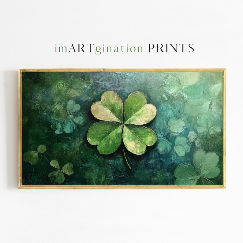May include: A four-leaf clover painted in green and yellow hues on a textured green background. The clover is the focal point of the painting, with smaller clovers scattered throughout the background.