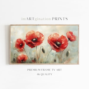 Op de afbeelding: Een schilderij van rode klaprozen in een veld. De bloemen zijn geschilderd in een realistische stijl met zachte penseelstreken. De achtergrond is een zacht blauw en groen.