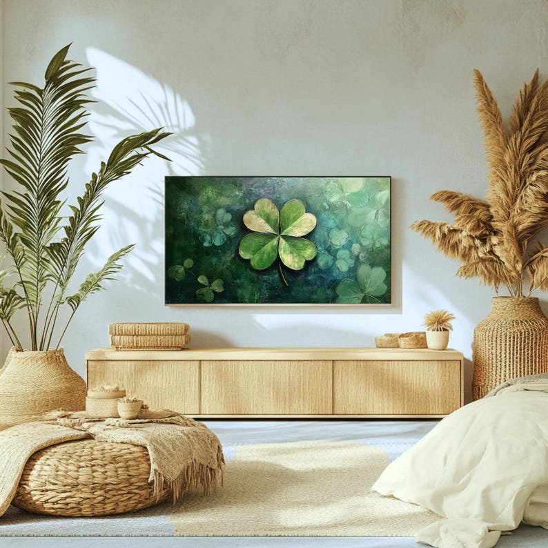 May include: A green four-leaf clover painting on a canvas with a dark green background. The painting is framed and hanging on a wall above a wooden entertainment center.