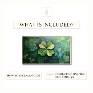 May include: A digital download of a high-resolution image of a four-leaf clover painted in green and yellow hues on a green and blue background. The image is 3840 x 2160 pixels and includes a guide for installing the digital download.