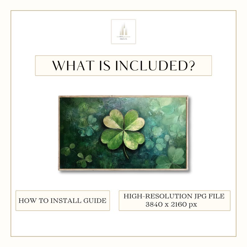 May include: A digital download of a high-resolution image of a four-leaf clover painted in green and yellow hues on a green and blue background. The image is 3840 x 2160 pixels and includes a guide for installing the digital download.