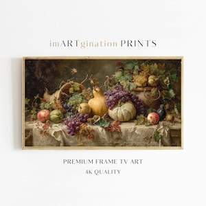 May include: A still life painting featuring a variety of fruits and vegetables, including grapes, pumpkins, and apples. The artwork is set against a dark background and includes the text "imARTgination PRINTS" and "PREMIUM FRAME TV ART 4K QUALITY".
