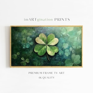 May include: A four-leaf clover painted in green and gold hues on a dark green background with other clovers in the background.
