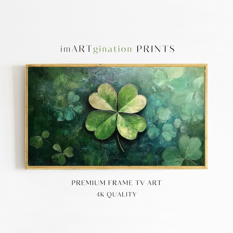 May include: A four-leaf clover painted in green and gold hues on a dark green background with other clovers in the background.