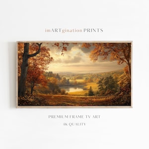 May include: A painting depicting a picturesque autumnal landscape, featuring a lake in the foreground and trees with vibrant foliage in the background. The sky is overcast, with the sun breaking through the clouds.