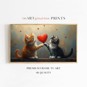 以下が含まれることがあります： オレンジとグレーの2匹の猫が、赤いハート型の風船を持っています。猫はお互いを見つめ合っており、風船は2匹の間を漂っています。猫の周りに小さな赤いハートが散らばっています。