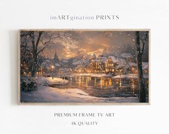 May include: A snowy winter scene with a small town nestled along a river. The town is lit up with warm yellow lights, and there are people walking along the riverbank. The sky is a soft blue with a few clouds, and there are snowflakes falling from the sky.