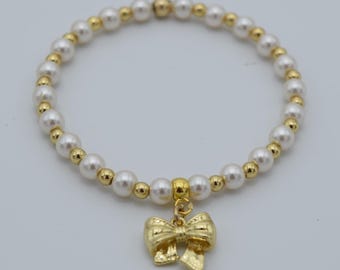 Mädchens Elfenbein Glasperlen Armband mit 14K Gold Perlen und Goldfarbener Schleife