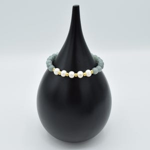 Green Burma Jade and Freshwater Pearl Bracelet with 14K Spacer Beads and Closure
