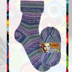 May include: A colorful image features a single sock and a ball of yarn. The sock is a mix of blue, purple, and gray, with a ribbed cuff. The yarn ball has a similar color scheme and a label that reads "Opal Funky."
