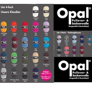 May include: A collection of Opal 4-ply yarn balls in various solid colors, each with a black label. The display includes text such as Uni 4-fach, Unsere Klassiker, and Opal Pullover- & Sockenwolle. A pink circle indicates 100g, 425m, 75% wool, 25% polyamide.