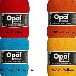May include: Four skeins of Opal 4-fach Pullover- & Sockenwolle yarn in red, orange, bright turquoise, and yellow. Each skein features a black label with the text Opal, 4-fach, Pullover- & Sockenwolle, DIE SINNE VERSTRICKEN, 100g ca. 425m.