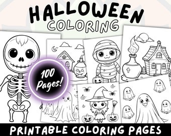 Może przedstawiać: Zbiór kolorowanek o tematyce Halloween. Obraz przedstawia różne ilustracje duchów, czarownic, szkieletów i nawiedzonych domów. Tekst na obrazie brzmi "Halloween Coloring", "100 Pages!", "Printable Coloring Pages" i "Instant Digital Download".