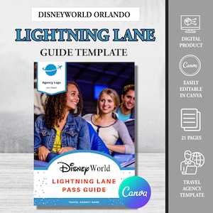 May include: A digital guide template for Lightning Lane at Disney World. The template is easily editable in Canva and includes 21 pages. The cover features a photo of three people riding a roller coaster and the text "Disney World Lightning Lane Pass Guide".