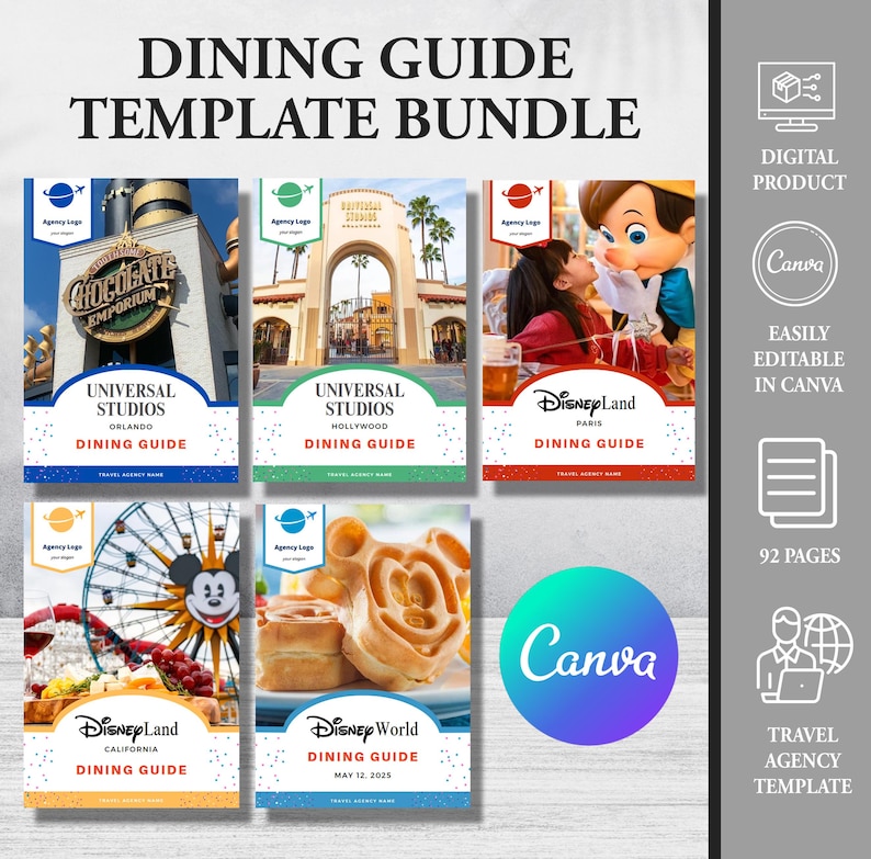 Travel Agent Dining Guide Bundle, 5 Theme Parks Canva Templates ...