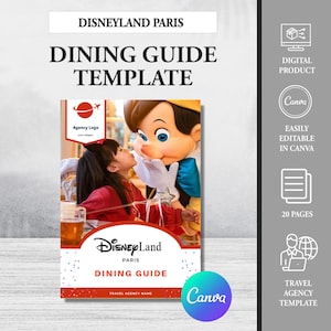 Op de afbeelding: Een afdrukbare Disneyland Paris-eetgids-sjabloon met een cartoonillustratie van Pinocchio en een jong meisje. De sjabloon is ontworpen voor reisbureaus en bevat ruimte voor een logo, de naam van het reisbureau en een gids van 20 pagina's.