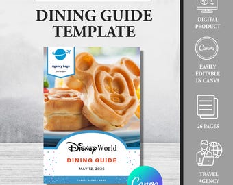 May include: A digital template for a Disney World dining guide. The template features a Mickey Mouse waffle, a blue and white logo with the text "Agency Logo", and the text "Disney World Dining Guide May 12, 2025 Travel Agency Name".
