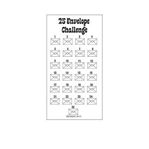 Op de afbeelding: Een witte afbeelding met de tekst "25 Envelope Challenge" en een raster van 25 genummerde enveloppen. Elke envelop heeft een hartsymbool. De afbeelding bevat de Instagram-handle "@pippas_aunt".