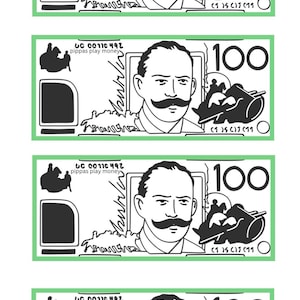 Puede incluir: Cuatro billetes de dinero de juguete con borde verde. Cada billete presenta un retrato de un hombre con un gran bigote, el número 100 y el texto "pippas play money". Los billetes son en blanco y negro.
