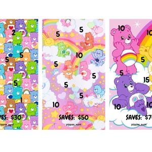May include: Three rectangular digital savings challenge trackers featuring Care Bears characters, rainbows, clouds, and stars. Each tracker displays numerical values, the text "SAVES:" followed by "$30", "$50", or "$70", and the "pippas_aunt" watermark.