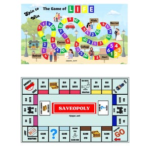 Puede incluir: Un conjunto de juegos de mesa con dos tableros distintos. El tablero superior se titula Spin to Win The Game of LIFE con un camino sinuoso, espacios coloridos e ilustraciones de hitos de la vida. El tablero inferior se titula SAVEOPOLY con un recorrido rectangular.