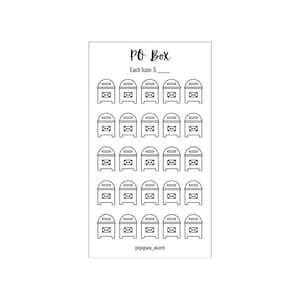 Può includere: Un foglio di adesivi bianco con disegni a tratto nero di cassette postali. Il testo "PO Box" è in alto, con "Each Icon: S _" sotto. La parte inferiore del foglio riporta il testo "pippas_aunt".