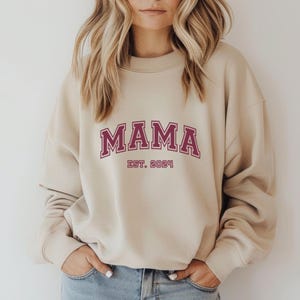 Personalized Mom Sweater - Cozy cotton blend sweatshirt with MAMA EST. Varsity design with personalized year, S-2XL