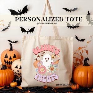 Retro Halloween Tote Custom Trick or Treat Bag Custom Name Tote Bag Kids Halloween Gift Bag Boo Basket Candy Party Favor Bag Gift for kids