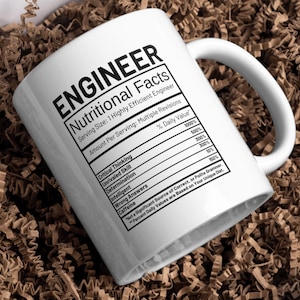 Könnte beinhalten: Weiße Keramiktasse mit dem Wort "ENGINEER" in fetten schwarzen Buchstaben. Die Tasse hat ein "Nährwertangaben"-Etikett mit humorvollen Einträgen wie "Critical Thinking" und "Caffeine". Die Tasse hat einen weißen Henkel.