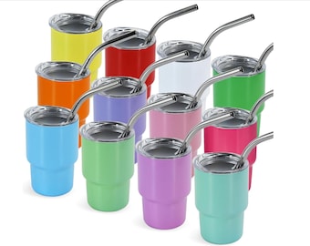 Custom 3oz Mini Tumbler with Metal Straw – Personalized Engraved Shot Cup | Small Stainless Tumbler | Party Favor or Espresso Cup